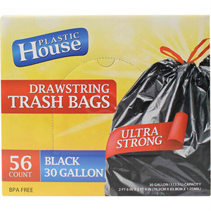 Plasti House Trash Bags 30 Gallon Black, 56 Ct